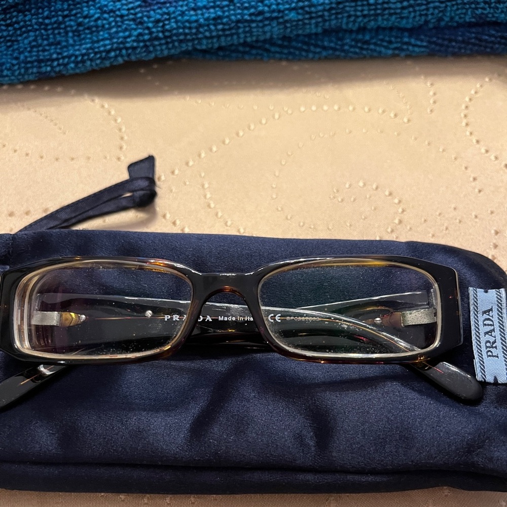 Prada Dark Frame Glasses with Navy Case